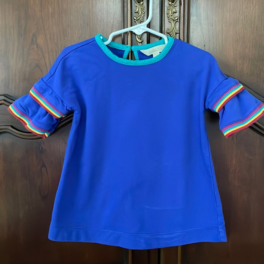 Matilda Jane Blue Ruffle Sleeve Top Size 2 Girls Rainbow Trim Boutique
